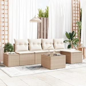 Комплект градински мебели от 6 части с възглавници, кафяв полиратан