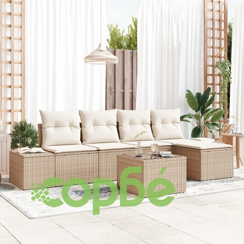 Комплект градински мебели от 6 части с възглавници, кафяв полиратан ➤ топ цена ➤ sorbe.bg