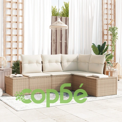 4-частов комплект градински диван от полиратан с възглавници - Бежов ➤ топ цена ➤ sorbe.bg