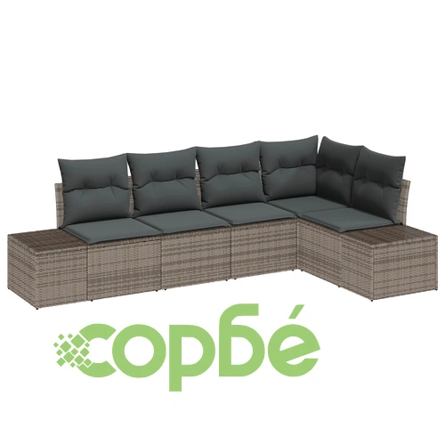 5 части Градински диван комплект от полиратан със сиви възглавници, 60 см дълбочина ➤ топ цена ➤ sorbe.bg