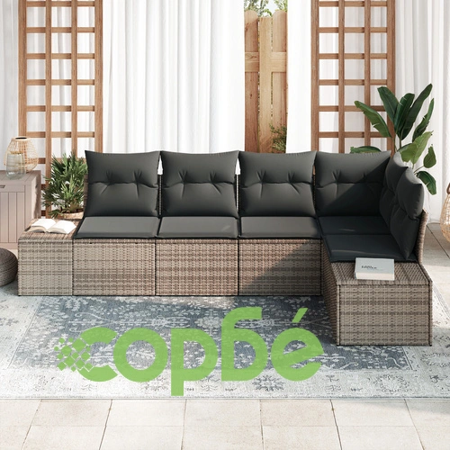 5 части Градински диван комплект от полиратан със сиви възглавници, 60 см дълбочина ➤ топ цена ➤ sorbe.bg