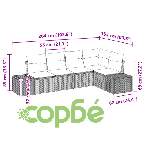5 части Градински диван комплект от полиратан със сиви възглавници, 60 см дълбочина ➤ топ цена ➤ sorbe.bg
