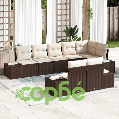 8-частов градински диван комплект от полиратан с възглавници в кафяво ➤ топ цена ➤ sorbe.bg