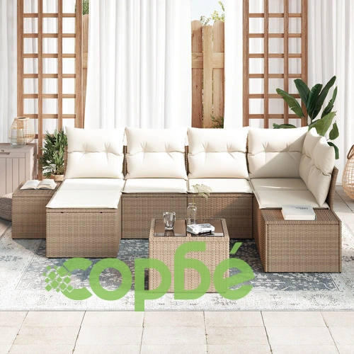 Комплект градински диван от кафяв полиратан с възглавници - 7 части ➤ топ цена ➤ sorbe.bg
