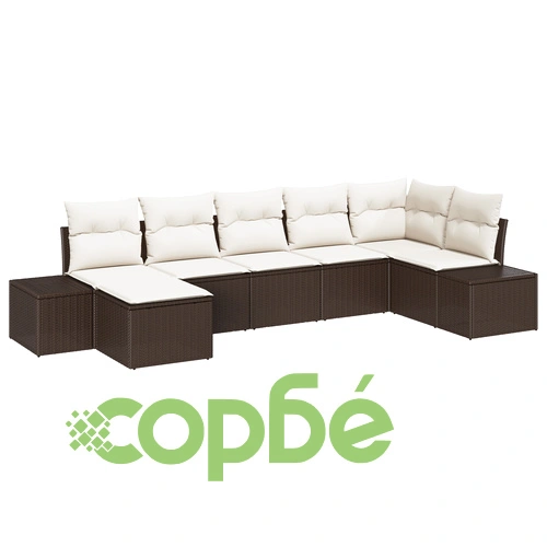 7-частен градински комплект от полиратан с възглавници - кафяв ➤ топ цена ➤ sorbe.bg