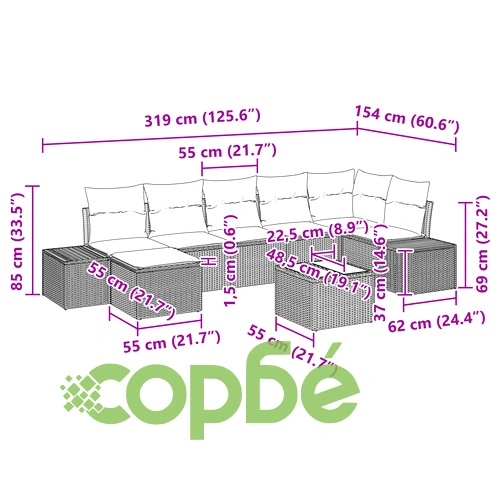 7 Части Градински Диван Комплект с Възглавници от Черен Полиратан ➤ топ цена ➤ sorbe.bg