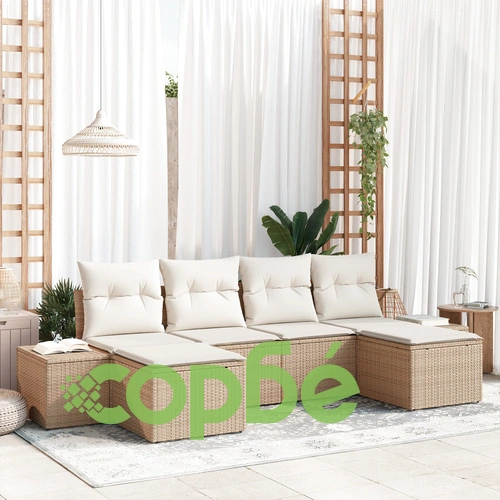 6-частов градински комплект от полиратан с възглавници, бежов ➤ топ цена ➤ sorbe.bg