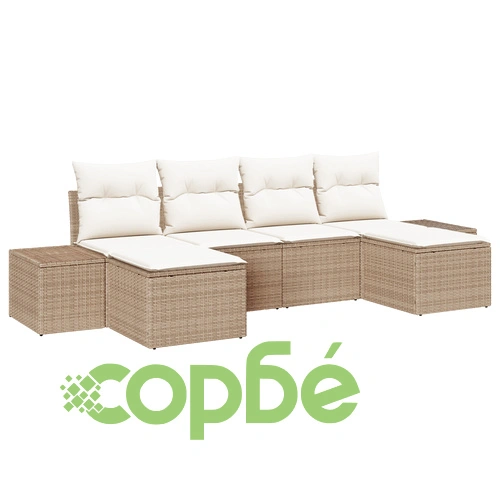 6-частов градински комплект от полиратан с възглавници, бежов ➤ топ цена ➤ sorbe.bg