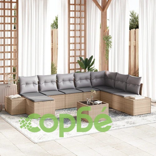 Комплект градински диван от 9 части - Бежов и сив от Ратан и текстил за 8 души ➤ топ цена ➤ sorbe.bg