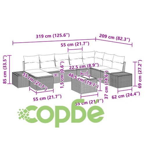 Комплект градински диван от 9 части - Бежов и сив от Ратан и текстил за 8 души ➤ топ цена ➤ sorbe.bg