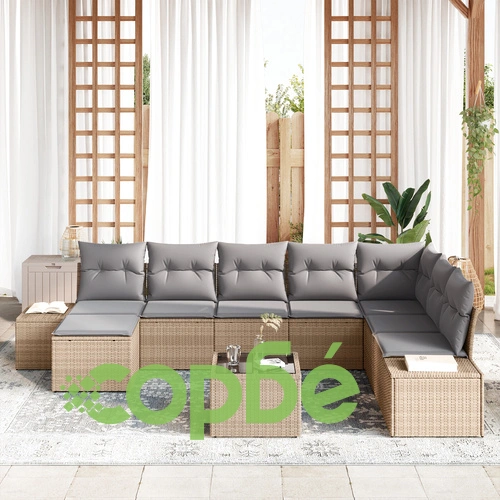 Комплект градински диван от 9 части - Бежов и сив от Ратан и текстил за 8 души ➤ топ цена ➤ sorbe.bg