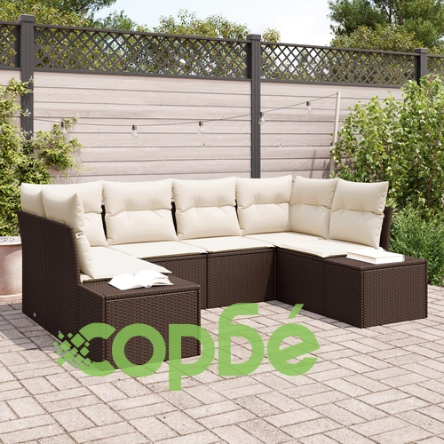 Градински диван комплект от 6 части от естествен ратан в кафяво и кремаво ➤ топ цена ➤ sorbe.bg