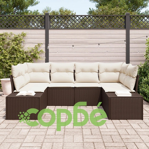 Градински диван комплект от 6 части от естествен ратан в кафяво и кремаво ➤ топ цена ➤ sorbe.bg