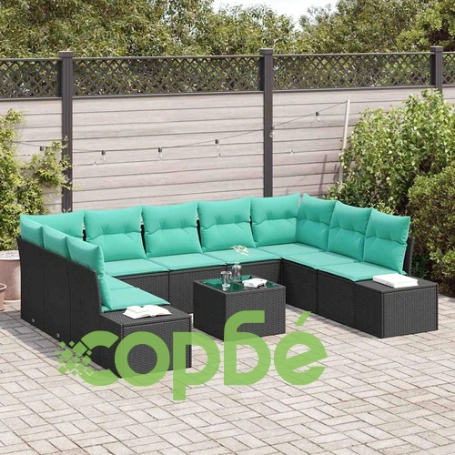 Градински Диван Комплект 10 части, Полиратан, Черен, 9 места ➤ топ цена ➤ sorbe.bg