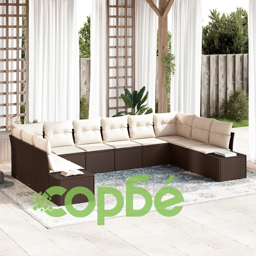 Комплект градински диван от 10 части с възглавници от кафяв полиратан ➤ топ цена ➤ sorbe.bg