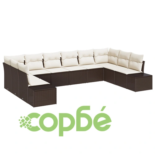 Комплект градински диван от 10 части с възглавници от кафяв полиратан ➤ топ цена ➤ sorbe.bg