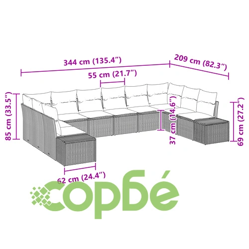 Комплект градински диван от 10 части с възглавници от кафяв полиратан ➤ топ цена ➤ sorbe.bg