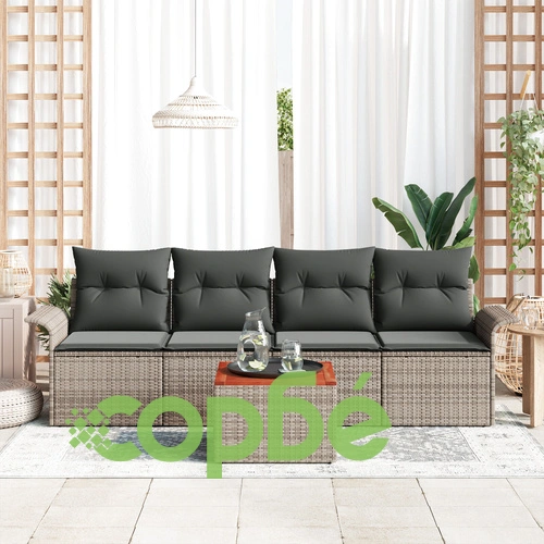 5 части комплект градински диван от полиратан и акациево дърво със сиви възглавници ➤ топ цена ➤ sorbe.bg