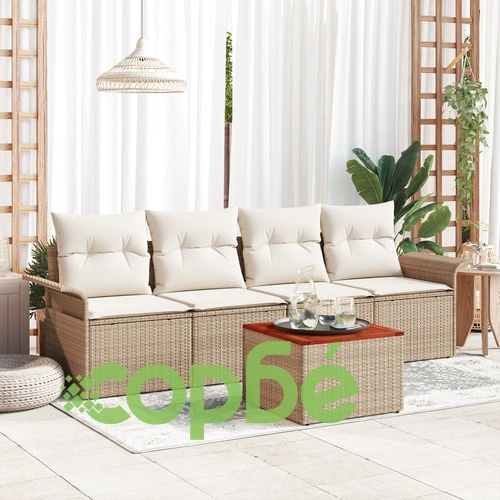 5-частичен градински диван комплект от полиестерен ратан с възглавници, бежов ➤ топ цена ➤ sorbe.bg