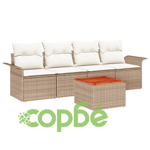 5-частичен градински диван комплект от полиестерен ратан с възглавници, бежов ➤ топ цена ➤ sorbe.bg
