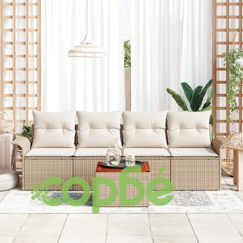 5-частичен градински диван комплект от полиестерен ратан с възглавници, бежов ➤ топ цена ➤ sorbe.bg