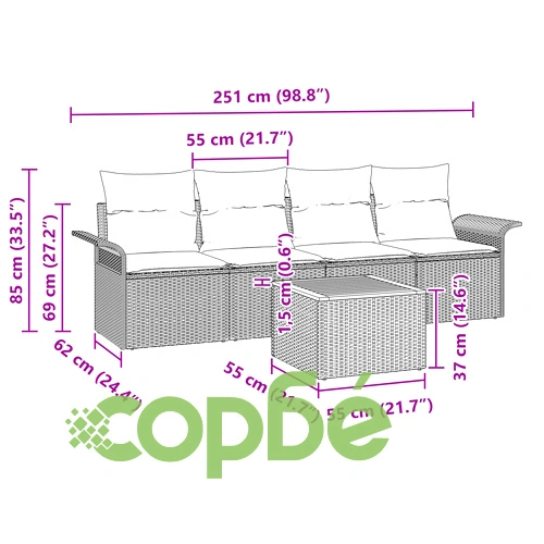 5-частичен градински диван комплект от полиестерен ратан с възглавници, бежов ➤ топ цена ➤ sorbe.bg