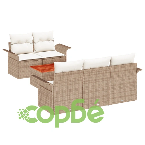 Градински диван комплект от полиестерен ратан и акация с възглавници, бежов ➤ топ цена ➤ sorbe.bg