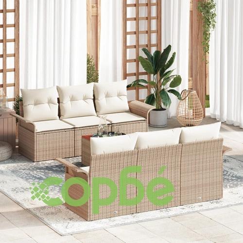 7-Частен Градински Диван Сет с Възглавници от Полиратан и Акациево Дърво, Бежов ➤ топ цена ➤ sorbe.bg