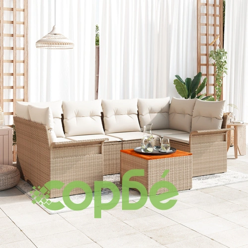 7-часов градински диван комплект от акациево дърво с бежови полиестерни възглавници ➤ топ цена ➤ sorbe.bg