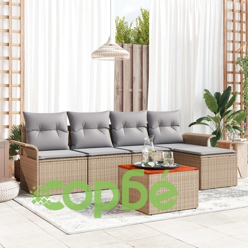 6 Части Градински Диван Комплект от Полиратан и Акация с Бежови Възглавници ➤ топ цена ➤ sorbe.bg