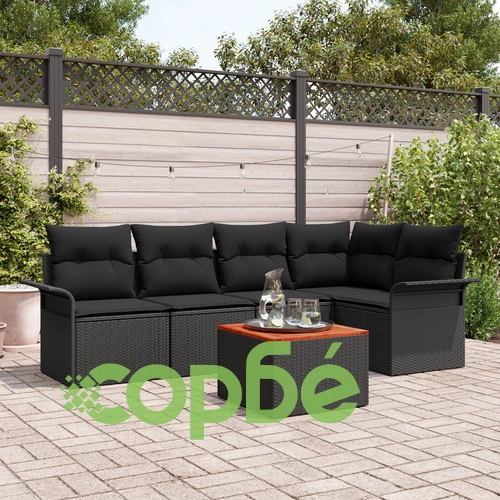 6-частен градински комплект от полиратан с възглавници - Черен с акациева дървесина ➤ топ цена ➤ sorbe.bg
