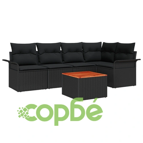 6-частен градински комплект от полиратан с възглавници - Черен с акациева дървесина ➤ топ цена ➤ sorbe.bg