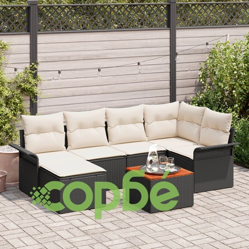 7 части комплект градински диван от полиратан и акация с възглавници - Черен ➤ топ цена ➤ sorbe.bg