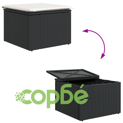 7 части комплект градински диван от полиратан и акация с възглавници - Черен ➤ топ цена ➤ sorbe.bg