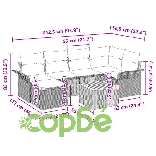 7 части комплект градински диван от полиратан и акация с възглавници - Черен ➤ топ цена ➤ sorbe.bg