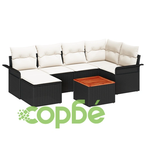 7 части комплект градински диван от полиратан и акация с възглавници - Черен ➤ топ цена ➤ sorbe.bg