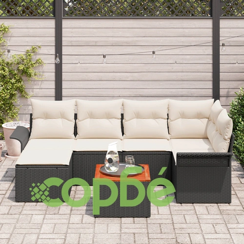 7 части комплект градински диван от полиратан и акация с възглавници - Черен ➤ топ цена ➤ sorbe.bg