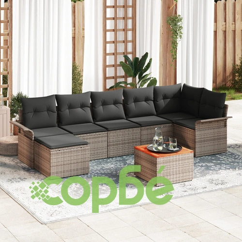 8-частен градински комплект от полиратан и акация със сиви възглавници ➤ топ цена ➤ sorbe.bg