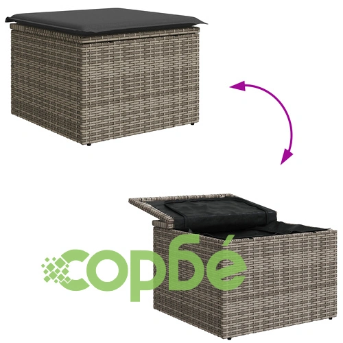 8-частен градински комплект от полиратан и акация със сиви възглавници ➤ топ цена ➤ sorbe.bg