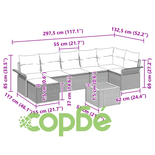 8-частен градински комплект от полиратан и акация със сиви възглавници ➤ топ цена ➤ sorbe.bg