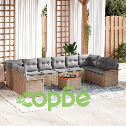 Луксозен градински комплект от 11 части с възглавници - бежов полиратан и акациево дърво ➤ топ цена ➤ sorbe.bg