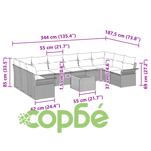Луксозен градински комплект от 11 части с възглавници - бежов полиратан и акациево дърво ➤ топ цена ➤ sorbe.bg