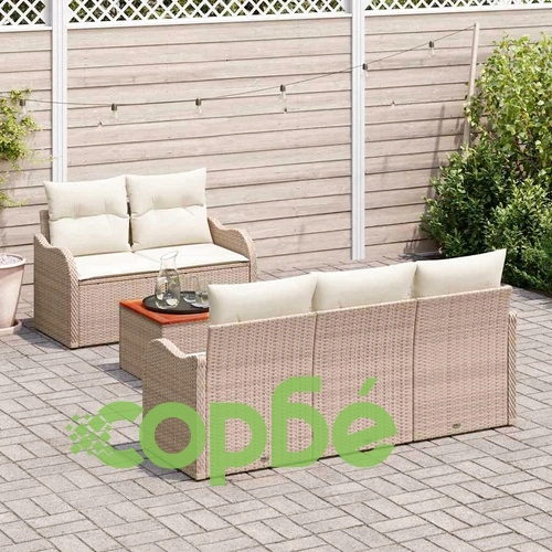 Градински комплект мебели 6 части с възглавници бежов полиратан акация ➤ топ цена ➤ sorbe.bg