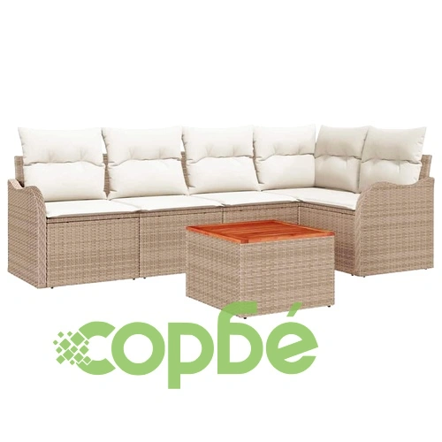 Градински диван комплект 6 части с възглавници бежов полиратан ➤ топ цена ➤ sorbe.bg