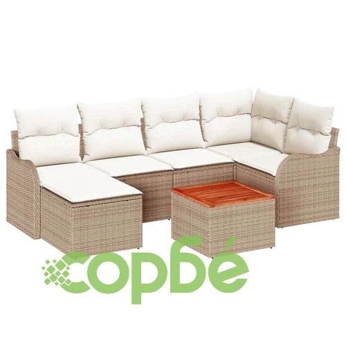 Градински диван комплект 7 части бежов полиратан с възглавници ➤ топ цена ➤ sorbe.bg