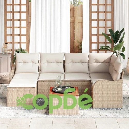Градински диван комплект 7 части бежов полиратан с възглавници ➤ топ цена ➤ sorbe.bg