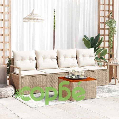 Градински комплект мебели 5 части с възглавници бежов полиратан и акация ➤ топ цена ➤ sorbe.bg