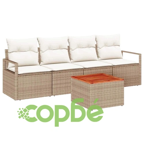 Градински комплект мебели 5 части с възглавници бежов полиратан и акация ➤ топ цена ➤ sorbe.bg