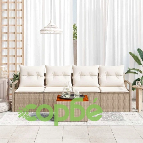 Градински комплект мебели 5 части с възглавници бежов полиратан и акация ➤ топ цена ➤ sorbe.bg