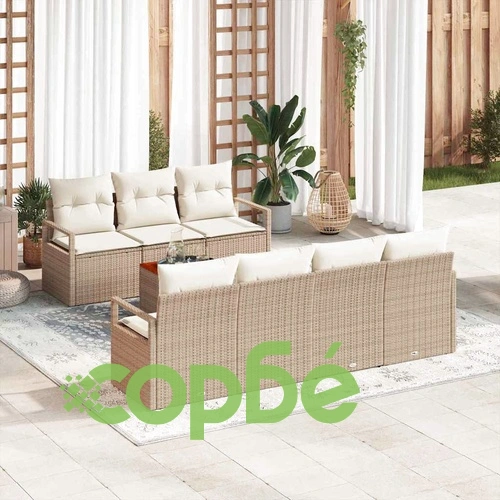 Градински диван комплект 8 части с възглавници бежов полиратан 55x55 см ➤ топ цена ➤ sorbe.bg